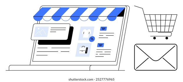 Laptop with a storefront awning displaying shopping items, accompanied by a shopping cart and email icon. Ideal for online shopping, e-commerce, digital marketing, web design, and online retail