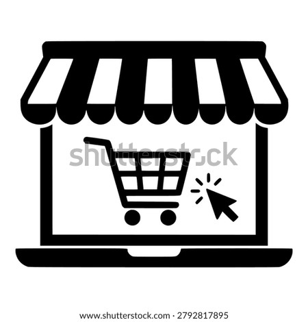 Laptop storefront with shopping cart and click cursor, black silhouette icon for online shop and e-commerce store
