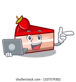 With laptop strawberry cake character cartoon