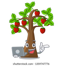 With laptop strawberry tree in the shape character