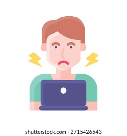Ilustración vectorial de carga de trabajo del avatar del hombre de la tensión del ordenador portátil, icono plano del estilo