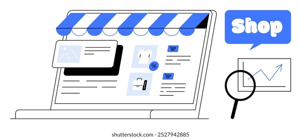 Laptop com toldo listrado exibindo uma página da loja com imagens do produto e ícones de desconto. Inclui uma lupa sobre um gráfico que mostra o crescimento. Ideal para comércio eletrônico, compras, on-line