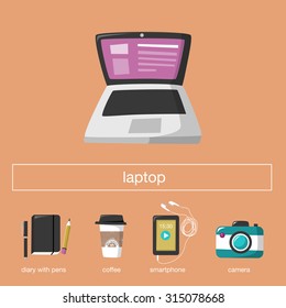 Laptop. Student accessories icons for young modern people. Flat color vector illustration such as laptop, smartphone with earphones, camera, diary with pen and pencil and coffee to go.