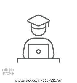 Laptop Student Study Outline Icon Editable Stroke Online Education