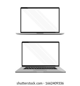 Portátil con estilo de maquillaje con pantalla blanca - vista frontal. Moderno portátil gris oscuro con reflejos y sombras aisladas en segundo plano. Ilustración vectorial. , cuerpo blanco de aluminio.