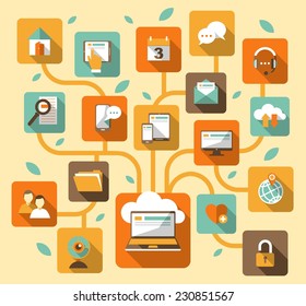 Laptop with stylized tree, consisting of social, media, web icons