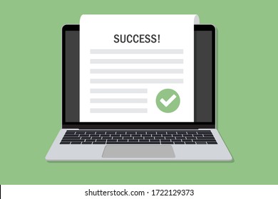 Laptop with success document with tick in a flat design