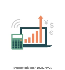 Laptop with successful financial chart and calculator, finance and successful investments concept