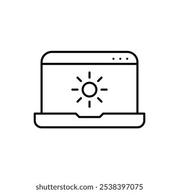 Laptop with sun symbol on screen. Automatic brightness adjustment, enhanced visibility. Pixel perfect, editable stroke icon