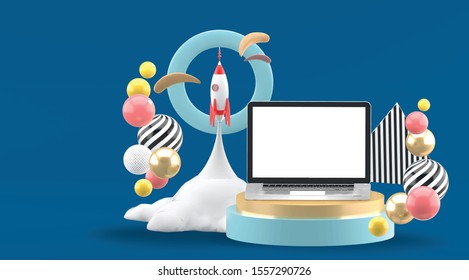 The laptop is surrounded by a rocket in a circle on a blue background.
