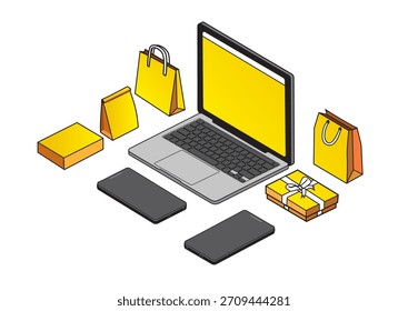Portátil rodeado de varias bolsas de compras amarillas y cajas de regalo que representan el comercio electrónico y la experiencia de compra en línea en un mercado digital.
