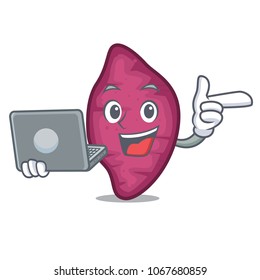 With laptop sweet potato character cartoon