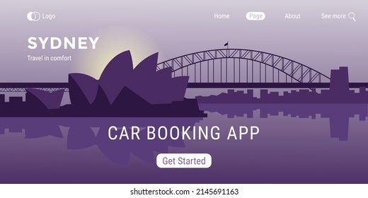 Laptop Sydney landing page. Page rent car web site, online car sharing service vector illustration