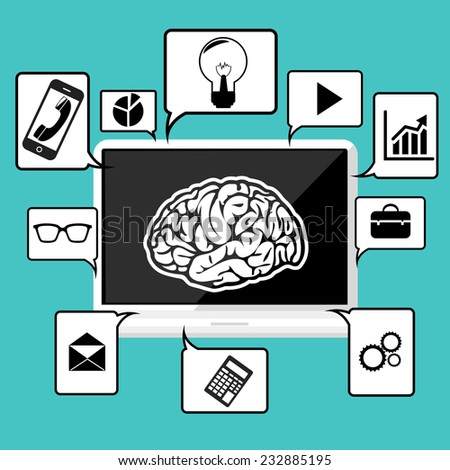 Laptop with symbol of brain surrounded speech bubble with office and business pictograms on blue background