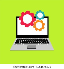 Laptop with symbol repair service on screen. Repair service, maintenance, customization, restore concepts. Flat vector illustration.