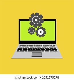 Laptop with symbol repair service on screen. Repair service, maintenance, customization, restore concepts. Flat vector illustration.