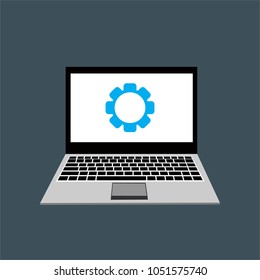 Laptop with symbol repair service on screen. Repair service, maintenance, customization, restore concepts. Flat vector illustration.