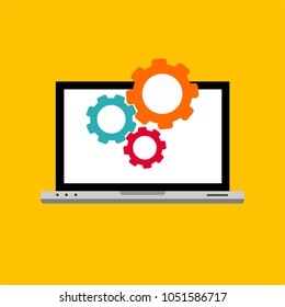 Laptop with symbol repair service on screen. Repair service, maintenance, customization, restore concepts. Flat vector illustration.