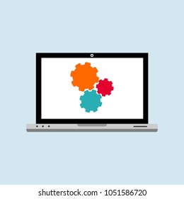Laptop with symbol repair service on screen. Repair service, maintenance, customization, restore concepts. Flat vector illustration.