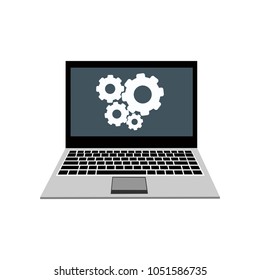 Laptop with symbol repair service on screen. Repair service, maintenance, customization, restore concepts. Flat vector illustration.