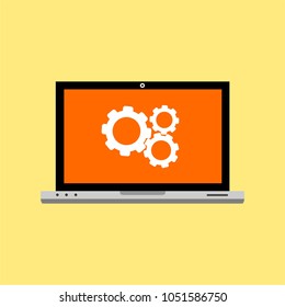 Laptop with symbol repair service on screen. Repair service, maintenance, customization, restore concepts. Flat vector illustration.
