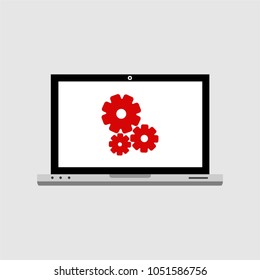 Laptop with symbol repair service on screen. Repair service, maintenance, customization, restore concepts. Flat vector illustration.