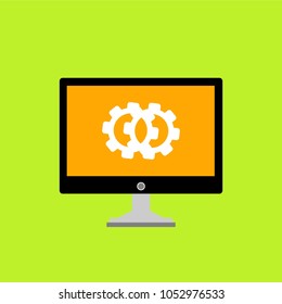 Laptop with symbol repair service on screen. Repair service, maintenance, customization, restore concepts. Flat vector illustration.
