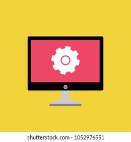 Laptop with symbol repair service on screen. Repair service, maintenance, customization, restore concepts. Flat vector illustration.
