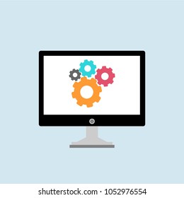 Laptop with symbol repair service on screen. Repair service, maintenance, customization, restore concepts. Flat vector illustration.