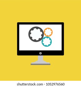 Laptop with symbol repair service on screen. Repair service, maintenance, customization, restore concepts. Flat vector illustration.