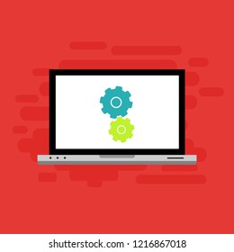 Laptop with symbol repair service on screen. Repair service, maintenance, customization, restore concepts. Flat vector illustration.