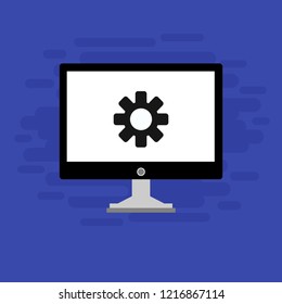 Laptop with symbol repair service on screen. Repair service, maintenance, customization, restore concepts. Flat vector illustration.