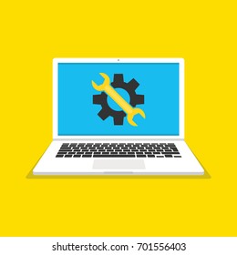 Laptop with symbol repair service on screen. Repair service, maintenance, customization, restore concepts. Flat vector illustration.