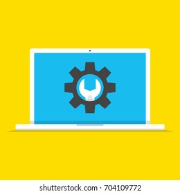 Laptop with symbol repair service on screen. Repair service, maintenance, customization, restore concepts. Flat vector illustration.