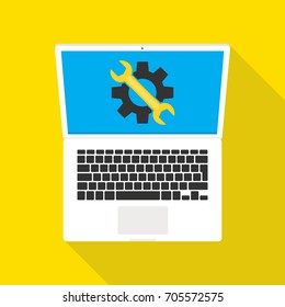 Laptop with symbol repair service on screen. Repair service, maintenance, customization, restore concepts. Flat vector illustration.