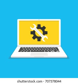 Laptop with symbol repair service on screen. Repair service, maintenance, customization, restore concepts. Flat vector illustration.