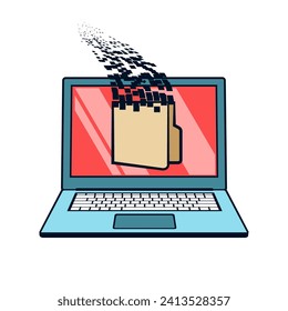 Laptop mit einem symbolischen Bild des Datenverlustes in Form eines Ordners mit Dateien, die in Teilchen zerfallen. Vektorgrafik im Comic-Stil.
