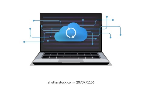 Laptop sync uploads files cloud server, storage. Exchange of information. Computing technology. Hosting, network management, data synchronization, database, remote access. vector illustration element.