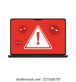 Aviso de error del sistema portátil. Notificación de emergencia de la amenaza de software malicioso, virus, troyanos, phishing o hacker. Ilustración del vector