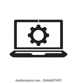 Laptop system settings icon with a gear on the screen representing computer configuration software installation and technical maintenance vector solid glyph icon