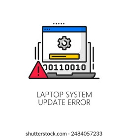 Laptop system software update error color line icon. PC application develop, computer software update or phone system service download line vector icon with laptop, cogwheel and exclamation mark