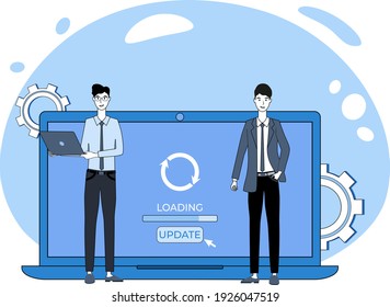 Update des Laptop-Systems.Das Konzept der Aktualisierung, Wartung und Entwicklung des Betriebssystems.Personen im Hintergrund der aktualisierten Laptop.Flat Vektorgrafik.