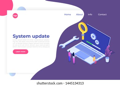 Laptop System update flat style concept. Vector isometric illustration