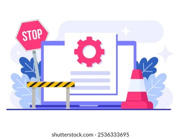 Laptop com processo de atualização do sistema, ilustração vetorial plana de atualização do software, Manutenção do sistema, processo de atualização, software de instalação, sistema operacional