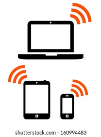 Laptop, tablet computer and mobile phone icons with wireless signals