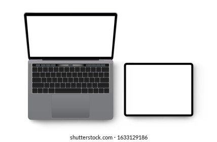 Laptop and tablet computer mockup, view from above. Vector illustration