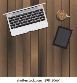 Laptop Tablet Cup Of Coffee On Wooden Table. Vector Illustration