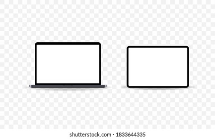 Icono de portátil y tablet de estilo oscuro. Firma de dispositivos. Pantalla para portátiles. EPS vectorial 10. Aislado sobre fondo transparente