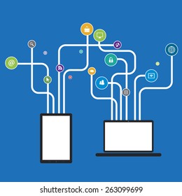 Laptop and tablet with lines shaped trees with social icons media