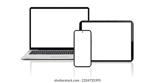 Laptop, tablet and mobile phone. Flat lay detailed and realistic devices mockup